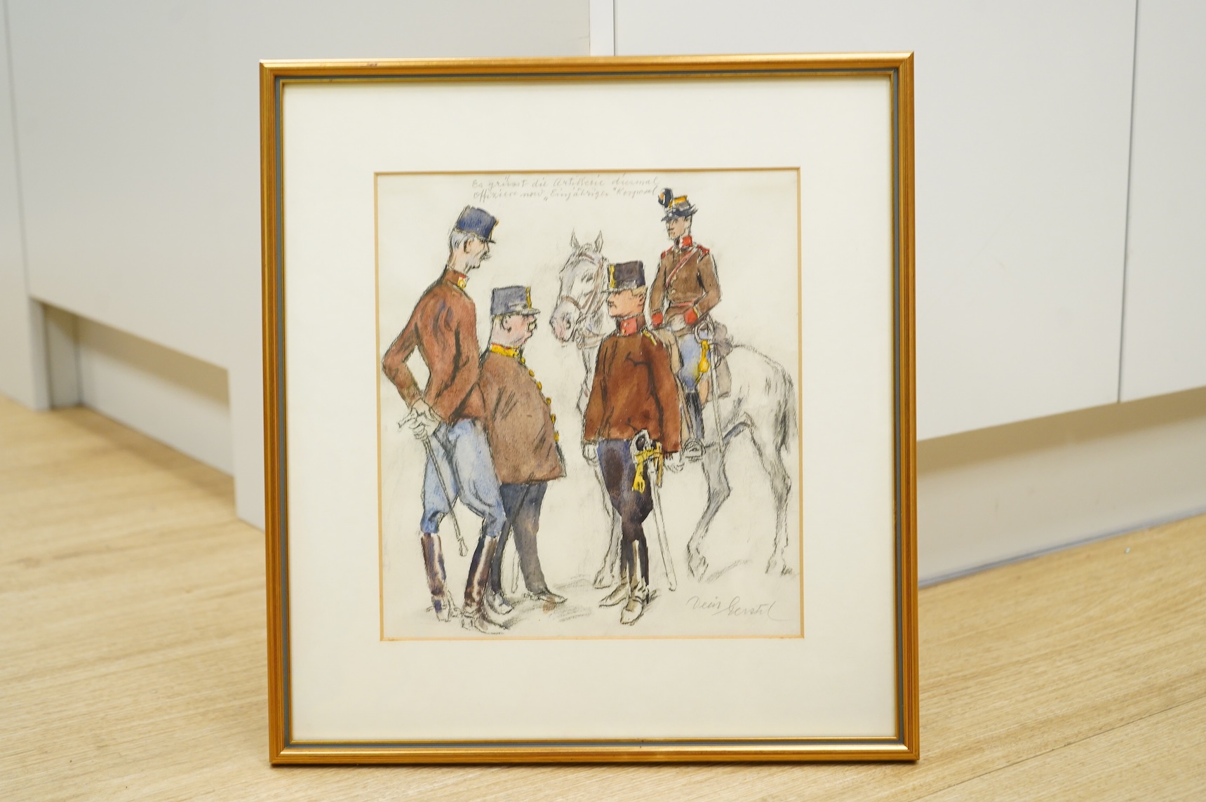 Attributed to Alfred Gerstenbrand, Caricature of military figures, signed and inscribed, details verso, pastel, 28 x 25cm